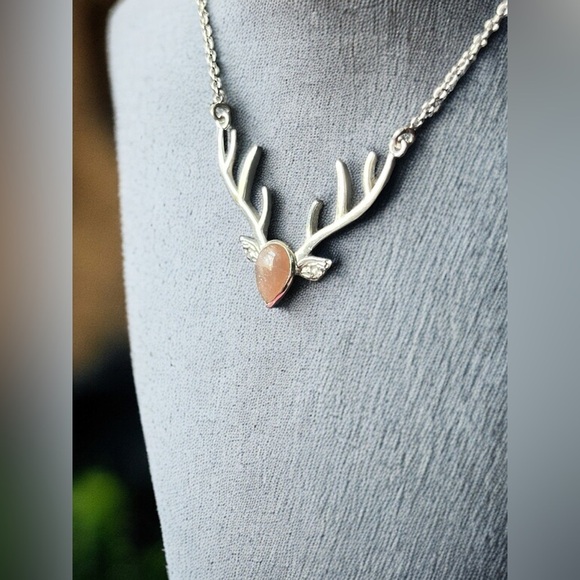 Peach Moonstone Sterling Silver Deer Head Necklace - Picture 3 of 5